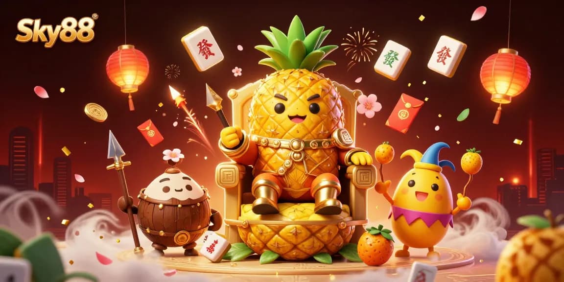Engage with Sky88's vibrant casino world showcasing a golden pineapple king and dynamic gaming energy.