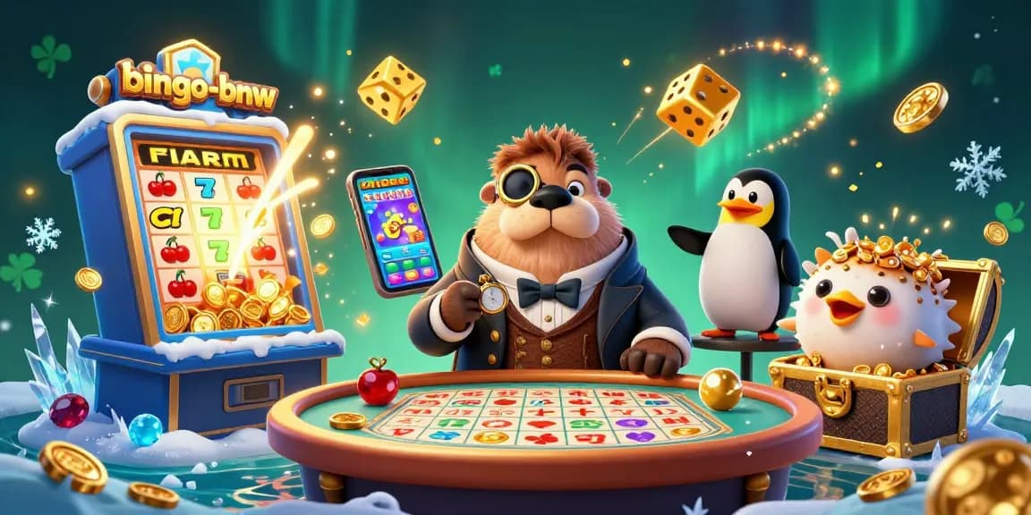 Engage with bingo-bnw in a vibrant online bingo scene featuring a walrus, penguin dealer, and pufferfish player.