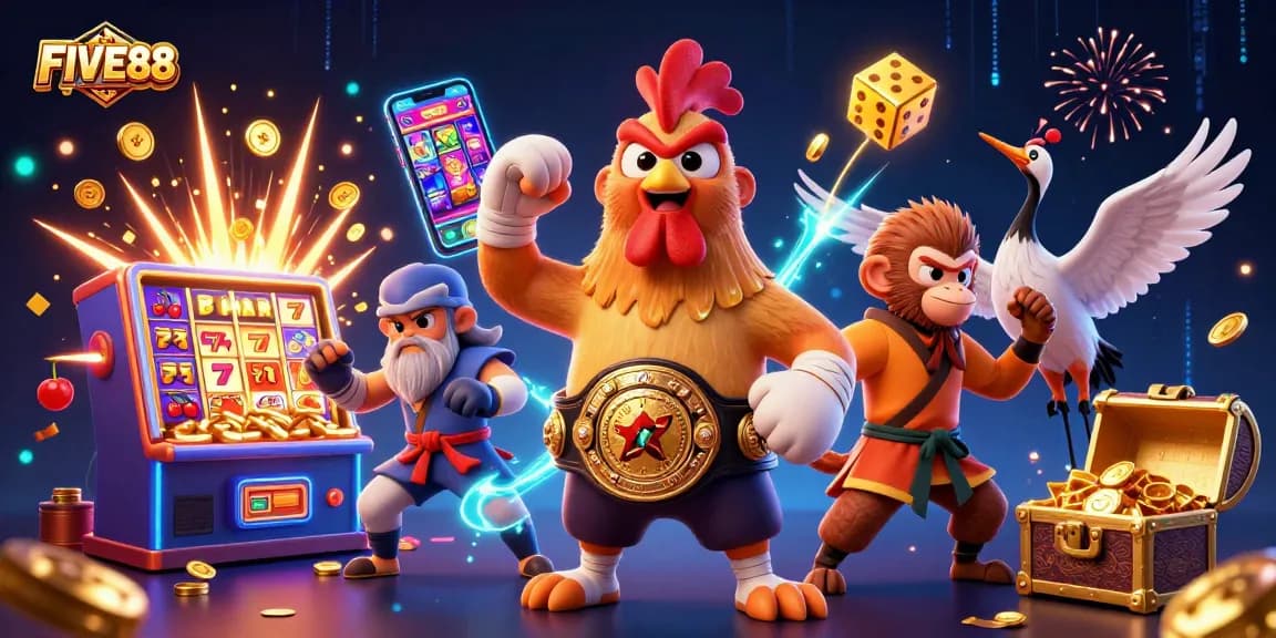 Experience the excitement of FIVE88 with vibrant scenes of slot machines and dynamic gambling elements.