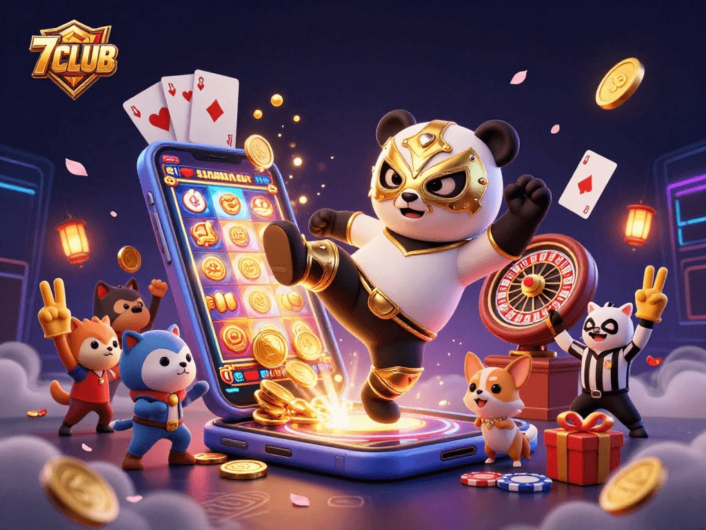 Experience the thrill of 7CLUB with colorful slot games, exciting characters, and vibrant casino elements.