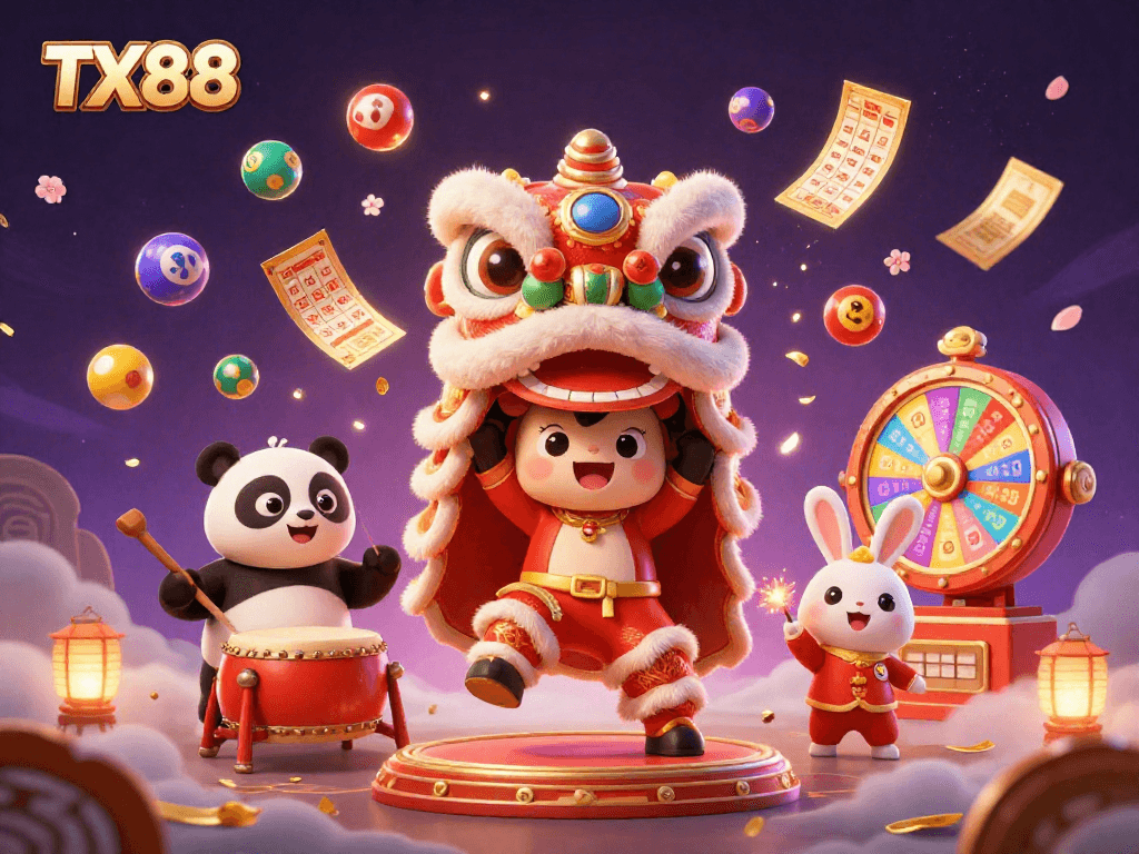 TX88 offers an engaging online experience with vibrant elements of lottery games and festive characters.