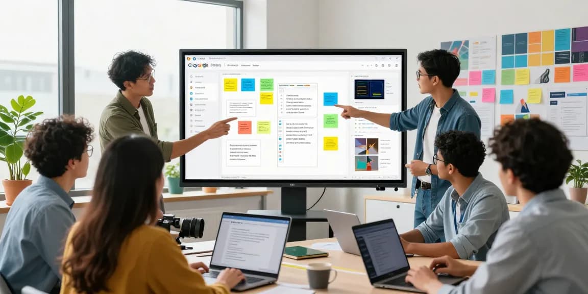 Team collaborating on a google mixboard in a creative office environment