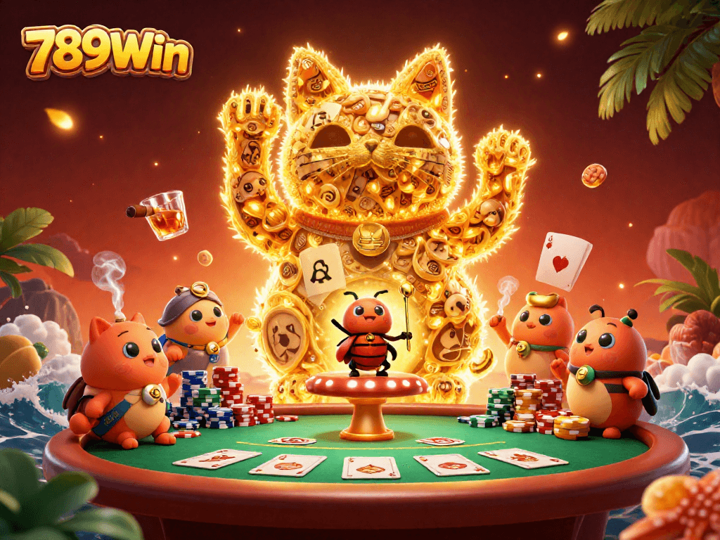 Engaging scene of 789Win, showcasing a lucky cat and poker elements in vibrant, dynamic casino setting.