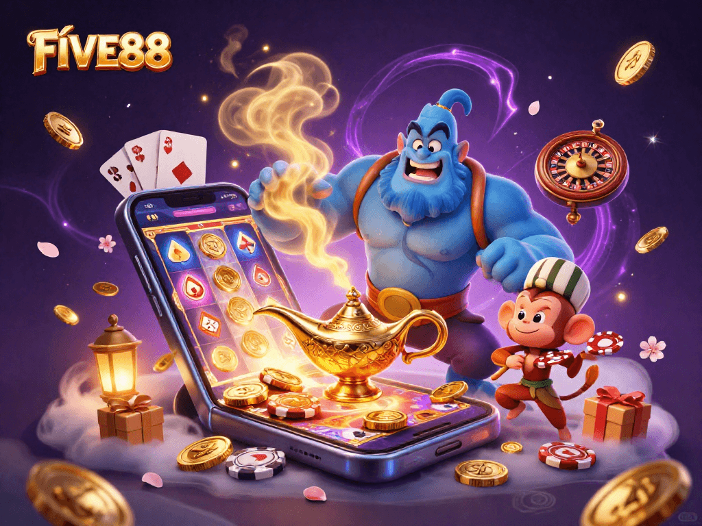 Engage with FIVE88 for an exhilarating casino experience, where a giant genie emerges amidst vibrant slot games and poker chips.