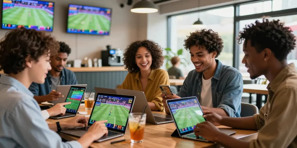 Group of diverse users enjoying the KO66 app in a lively cafe, engaging with sports betting options.