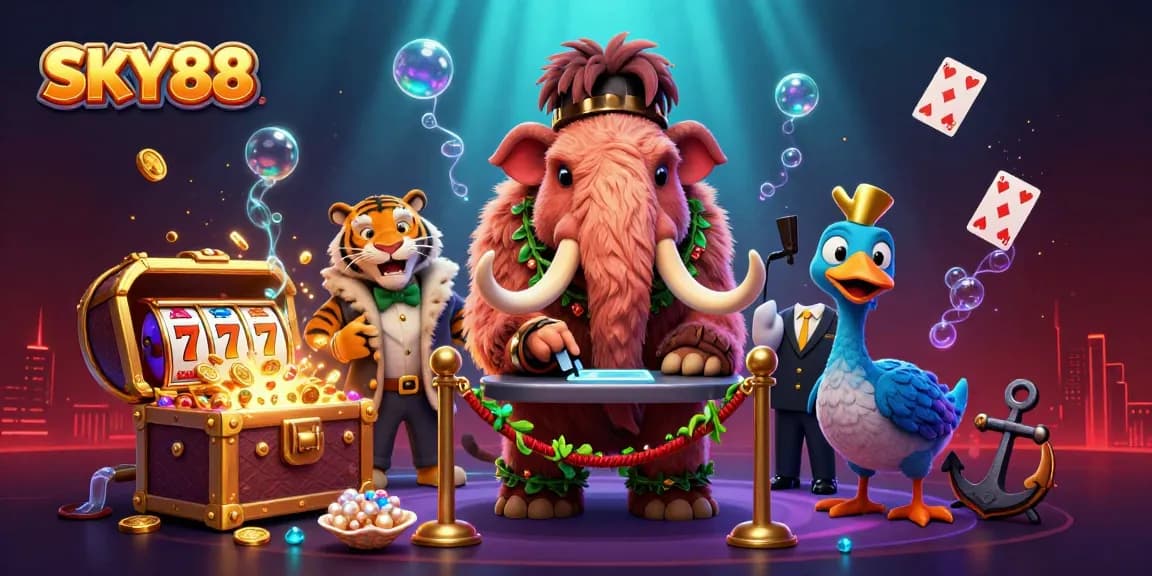 Experience the excitement of SKY88 with a vivid casino scene featuring dynamic characters and rich elements.
