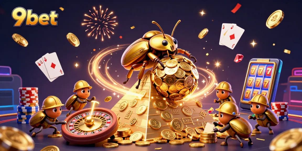 Experience excitement with 9bet as a golden dung beetle rolls coins to victory in a vibrant casino