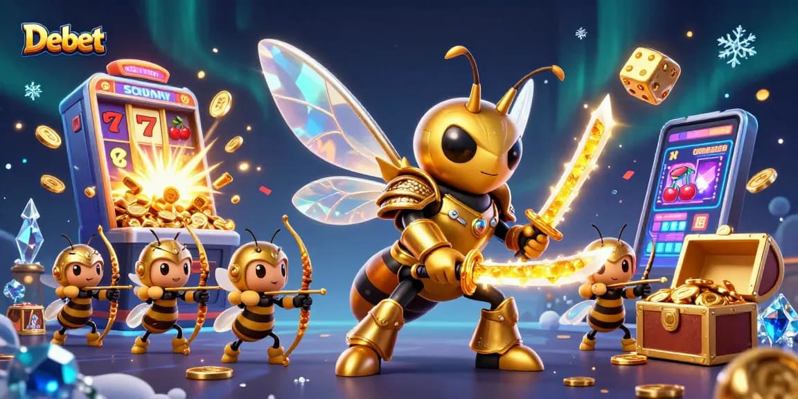 Debet showcases a vibrant 3D casino scene featuring golden hornet samurai amidst dynamic slot elements.