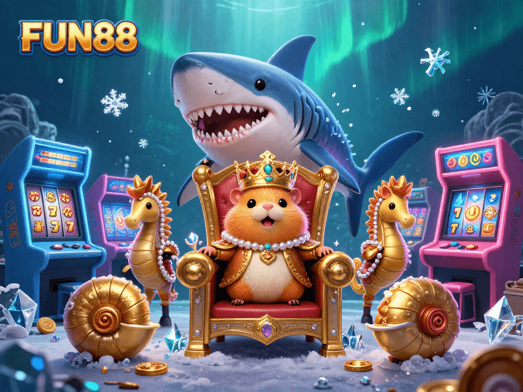 Engage in FUN88 with an ultra-detailed visual of a hamster king and gaming elements.