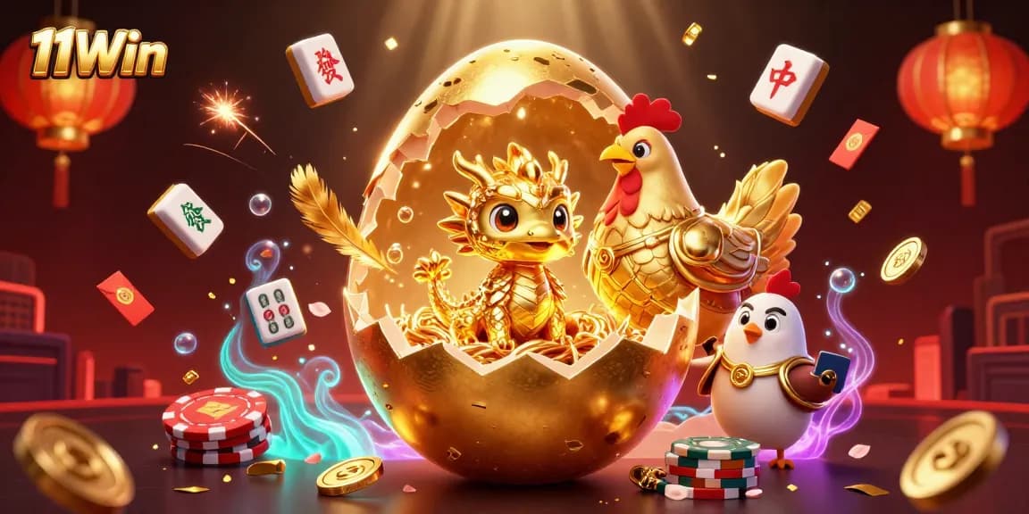 Engage with the vibrant world of 11Win as a golden dragon bursts from a cracking egg amidst poker chips.