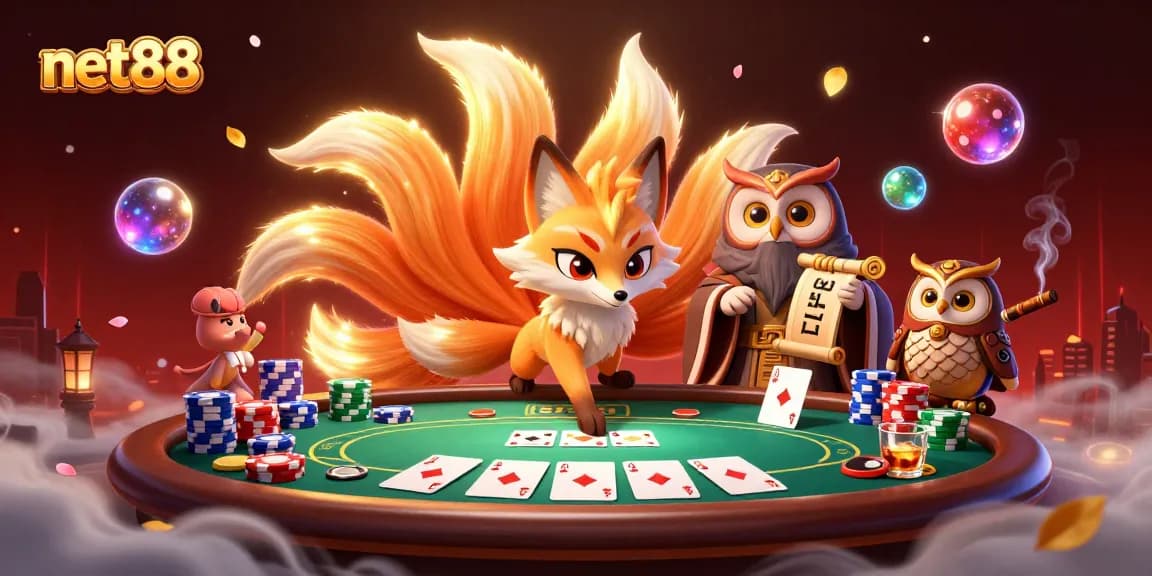 Play at net88 while enjoying a vibrant poker scene with animated characters and rich elements.