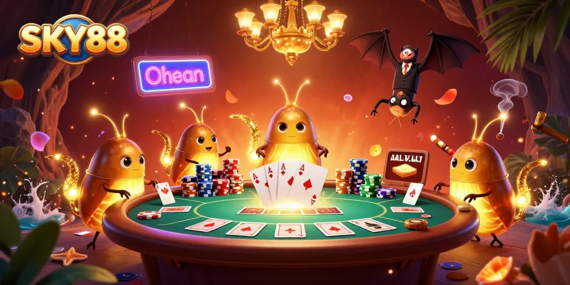 Experience thrilling games at SKY88 with a glowworm casino ambiance, casino chips, cards, and a bat dealer.