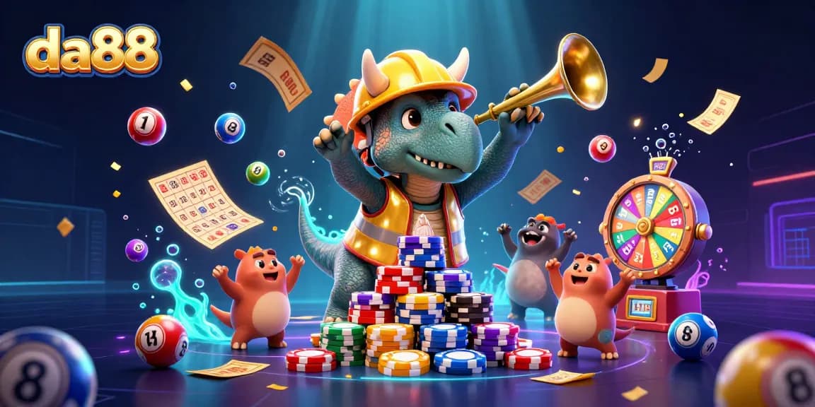 Engage in da88 casino excitement with a colorful scene of lively animated dinosaurs celebrating, packed with gambling elements.