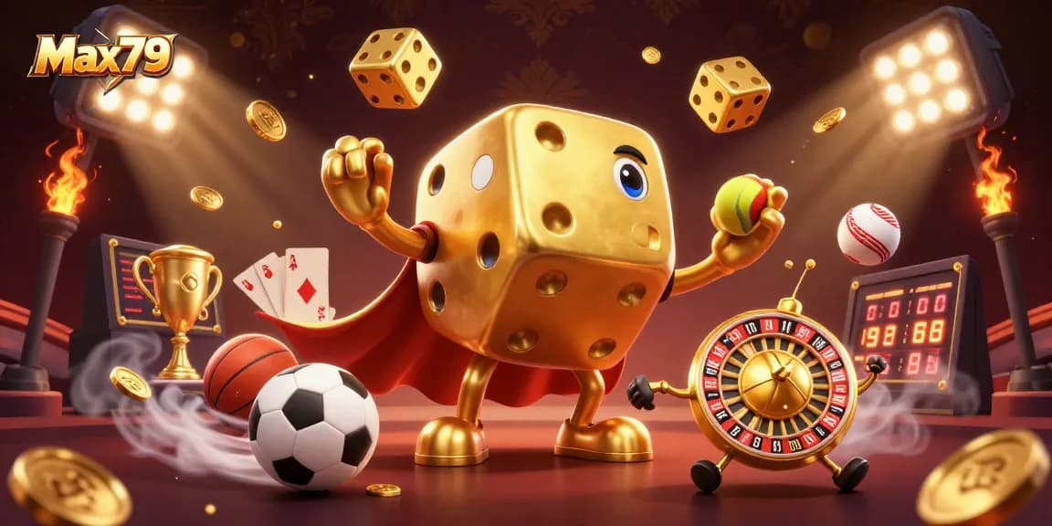 Max79 showcases a vibrant casino scene with a golden dice golem, sports elements, and casino vibes.