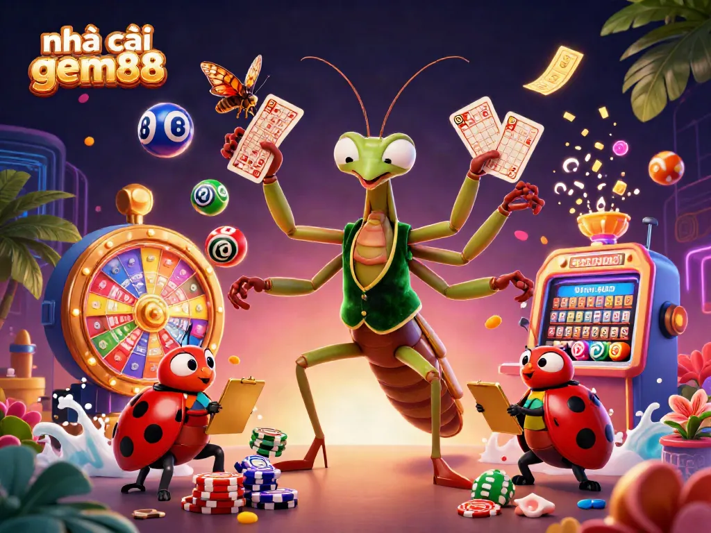 Engaging scene depicting nhà cái gem88 with a mantis card sharp and ladybug pit boss surrounded by dynamic casino elements.