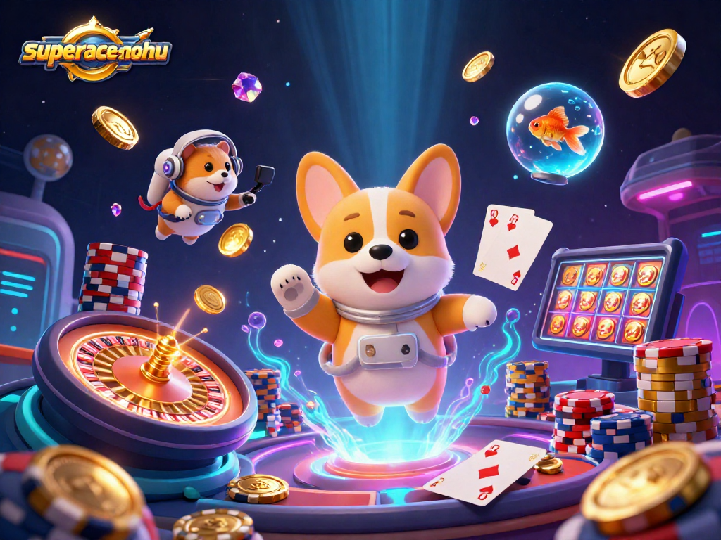 Experience superace-nohu with a vibrant 3D casino scene featuring playful characters and dazzling elements.