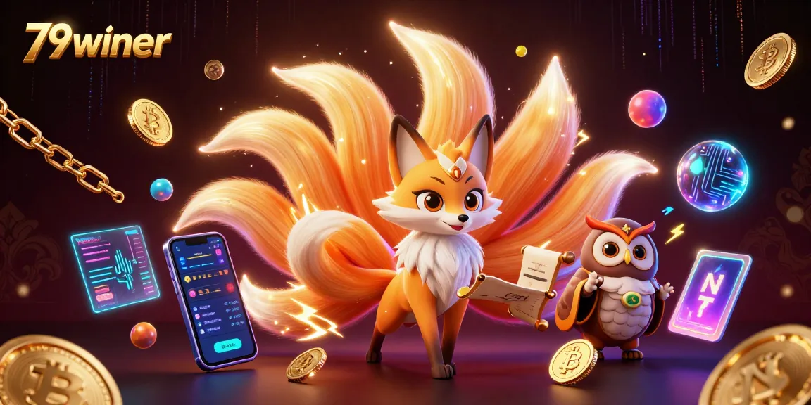 Engage with 79winer's vibrant gaming world with a mystical fox spirit and crypto elements!