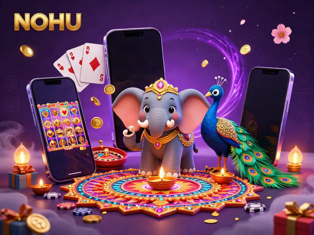 Engage in thrilling slots with NOHU's colorful casino scene featuring a decorated elephant and dynamic game elements.