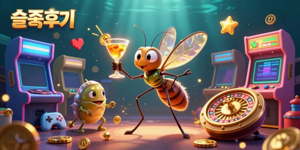 Engaging scene showcasing 슬롯후기 with cartoon mosquito mascot, trilobite DJ, and roulette wheel amidst vibrant gaming elements.
