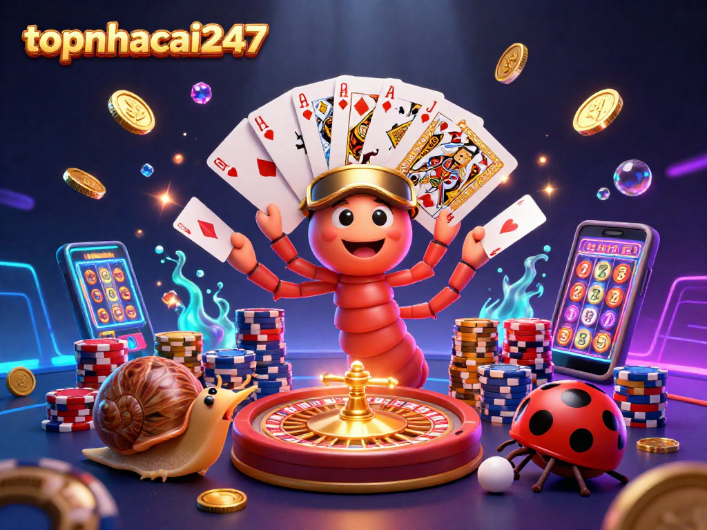 Engage in thrilling gameplay with topnhacai247 in this vibrant casino scene featuring cartoon characters and dynamic game elements.