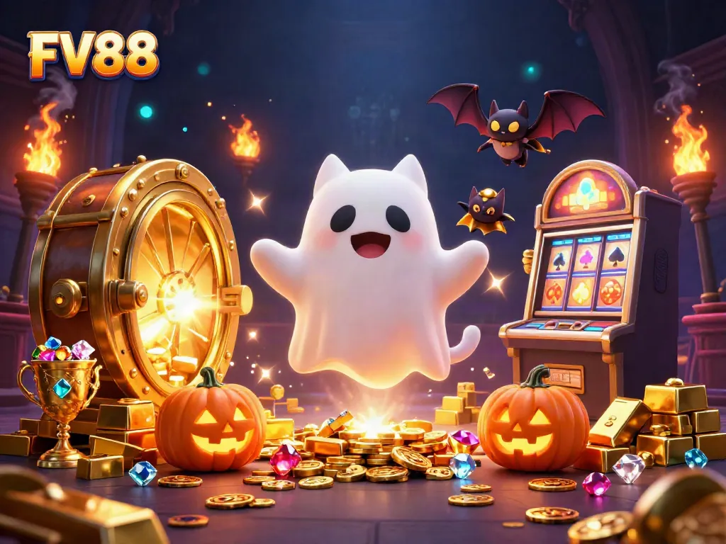 Experience thrilling gameplay with FV88's dynamic gaming scene in a haunted casino.