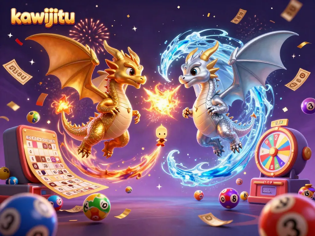 Experience the excitement of kawijitu with animated dragons and festive casino elements.