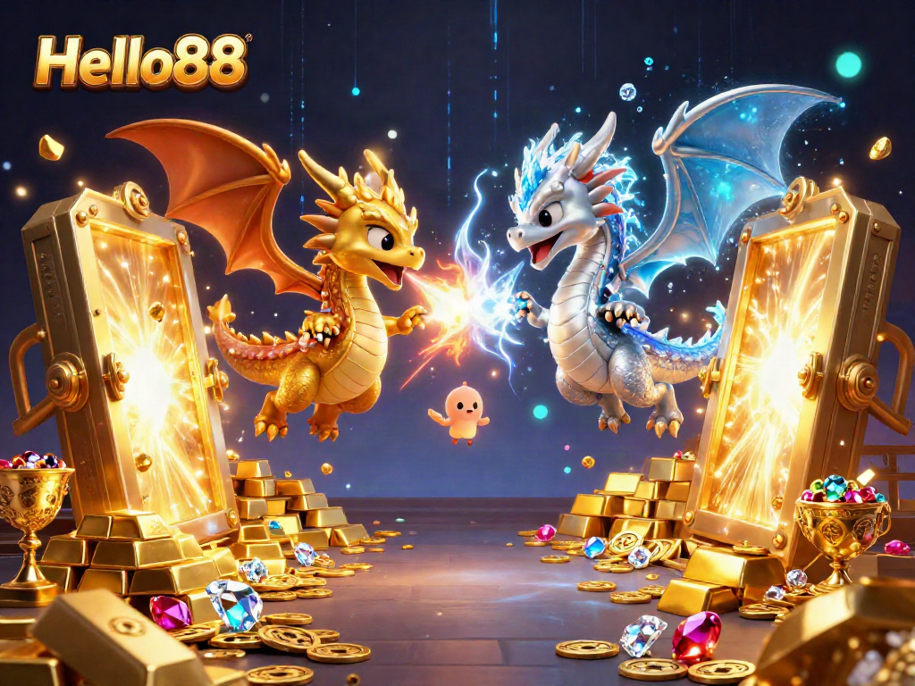 Hello88 engages players with rich casino adventures featuring colorful dragons and treasures.