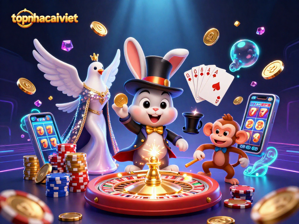 Experience topnhacaiviet with a dynamic scene featuring a magician rabbit and casino elements.