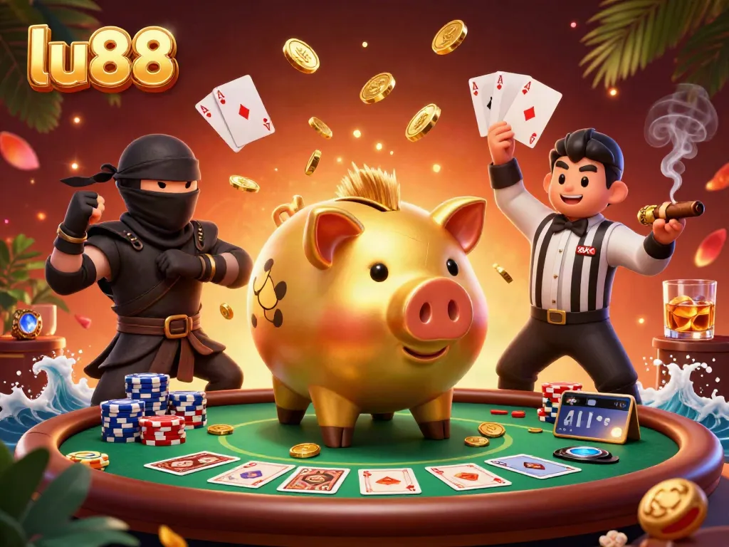 Engage with exciting gameplay at lu88, featuring vibrant cartoon characters amidst thrilling poker and gaming elements.