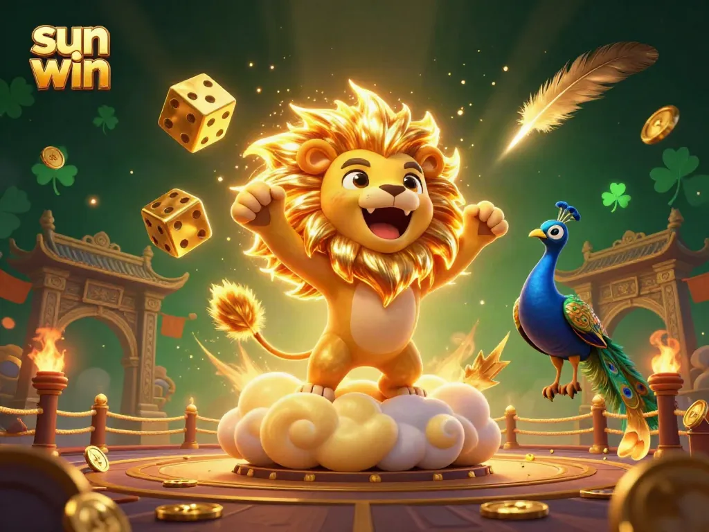 Experience the thrill of sun win with golden dice and a roaring lion in a vibrant casino scene.