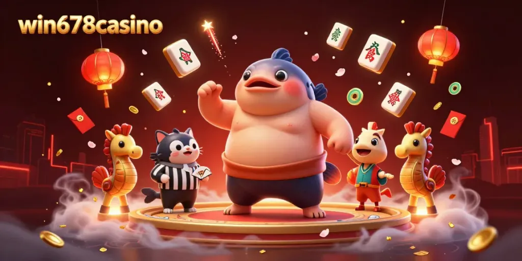 Join the fun with the vibrant underwater scene at win678casino showcasing a fugu in a sumo ring surrounded by gamblers.