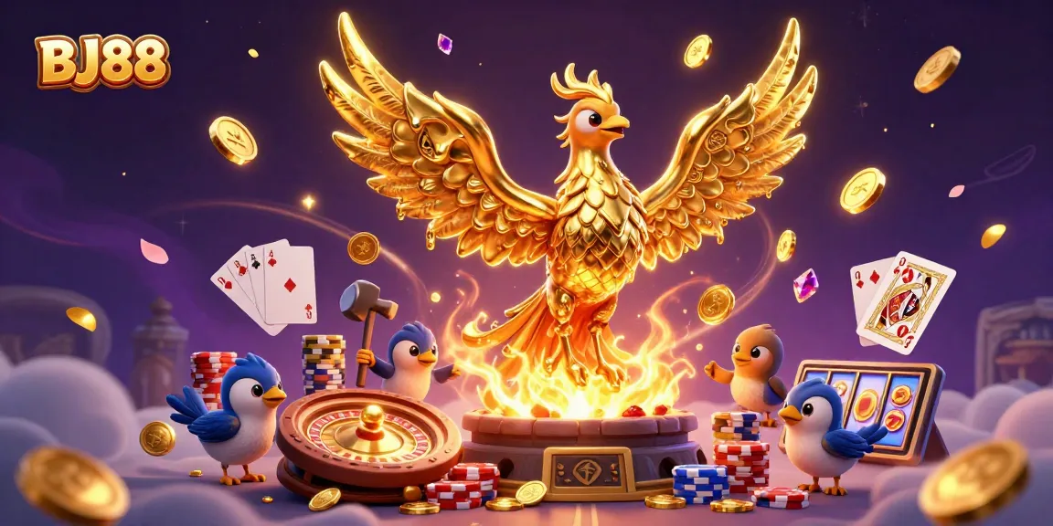 Win big with BJ88 in this vibrant casino-themed illustration featuring golden phoenix and poker elements.