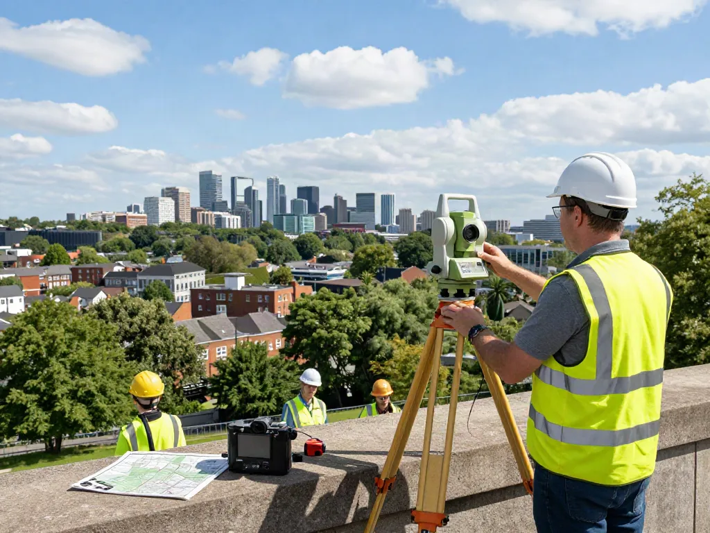 Topographical survey in Surrey with surveyor measuring terrain using advanced equipment.