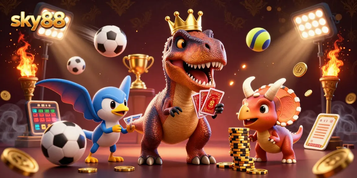 Engage with sky88's thrilling gambling experience as the T-Rex shuffles cards while a pterodactyl assists in a vibrant casino scene.
