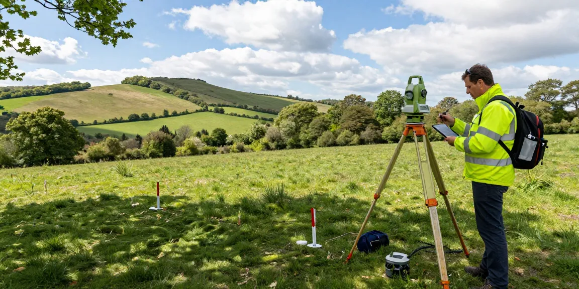 Professional topographical surveys Berkshire outdoors, surveyor using total station, high-visibility jacket, and GPS equipment.
