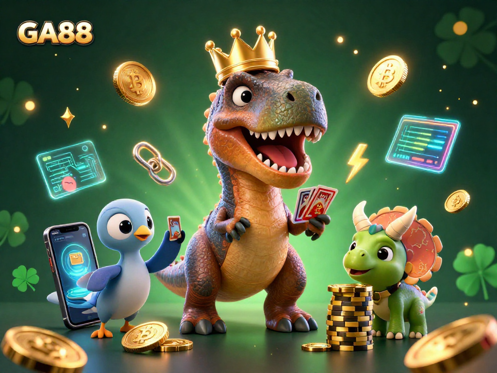 GA88 brings excitement as cartoon dinosaurs enjoy casino games amidst neon crypto coins.