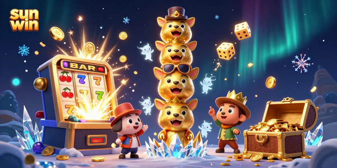 Spin to win at Sun Win with a vibrant slot machine bursting coins and cheerful characters.