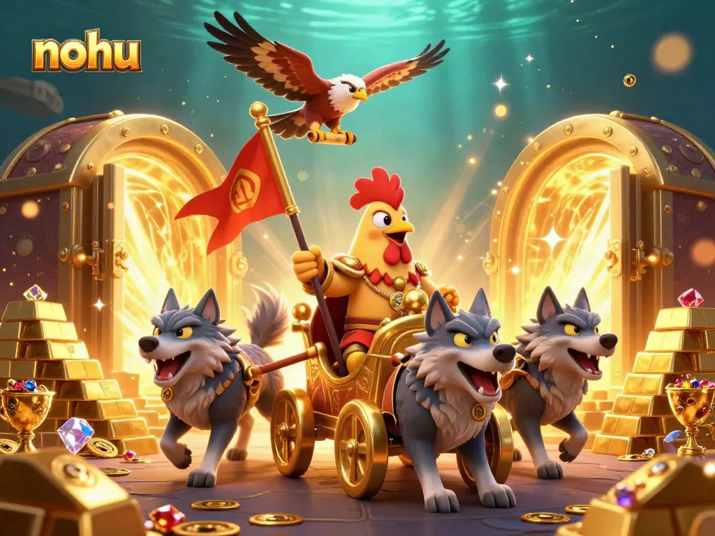 Engage in thrilling action at nohu with a cartoon rooster warlord in a rich treasure scene.