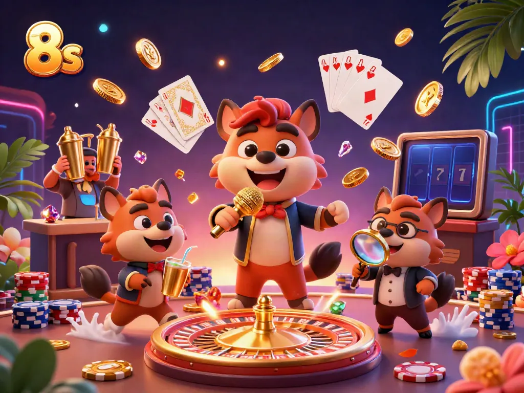 Experience the fun of 8s at a vibrant casino club with hyenas engaging in comedy, drinks, and bouncer duties.
