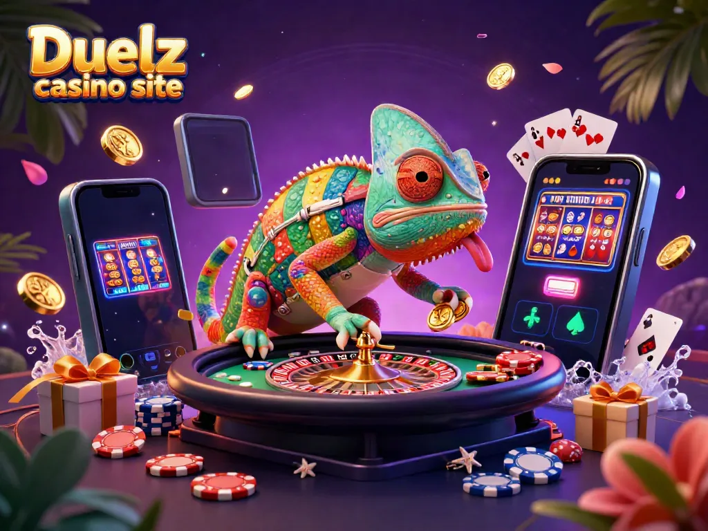 Engage with the vibrant games at Duelz casino site, featuring colorful slot games and a dynamic chameleon character.