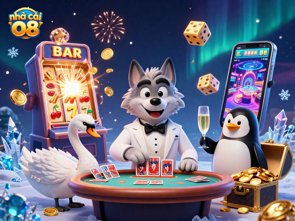 Enjoy thrilling gameplay at nhà cái o8 with an exciting 3D casino illustration featuring glamorous characters and vibrant casino elements.