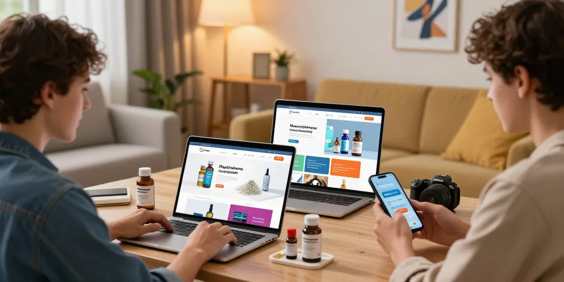 Engaged customers browsing amphetamine for sale UK online, exploring various products in a vibrant e-commerce scene.
