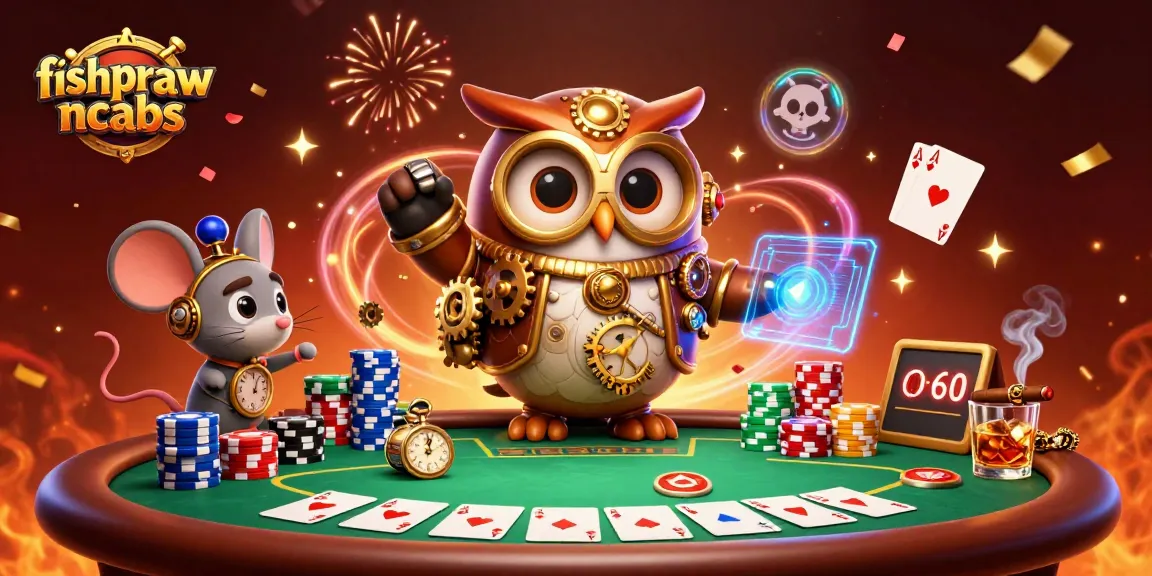 Experience fishprawncrabs in a lively 3D illustration showcasing a steampunk owl and poker action.