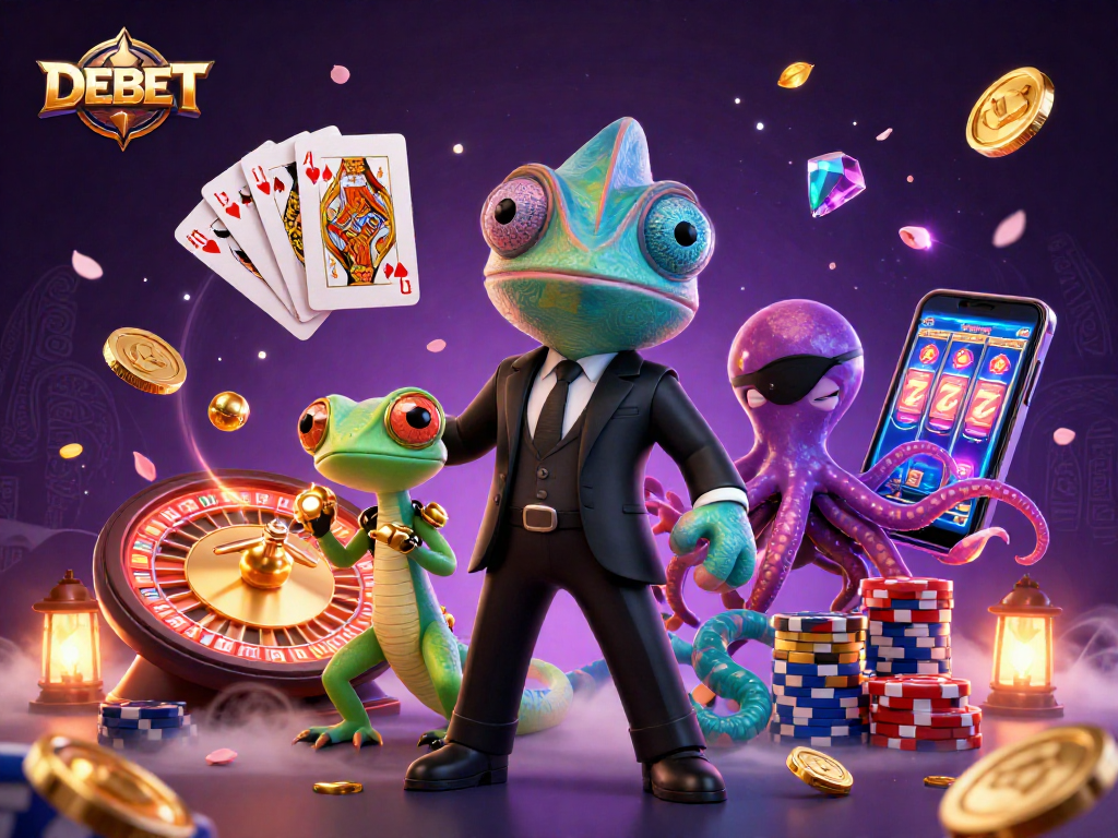 DEBET's exciting gaming scene featuring vibrant casino characters and dynamic gameplay elements.