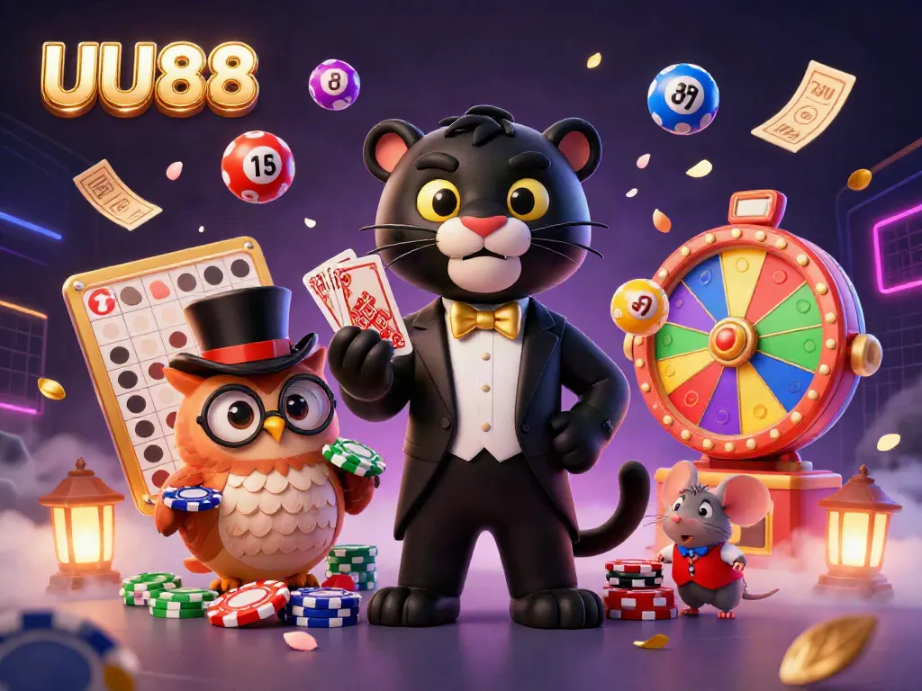 Experience the excitement of UU88 with a black panther dealer, owl with poker chips, and lucky mouse in a vibrant gambling atmosphere.