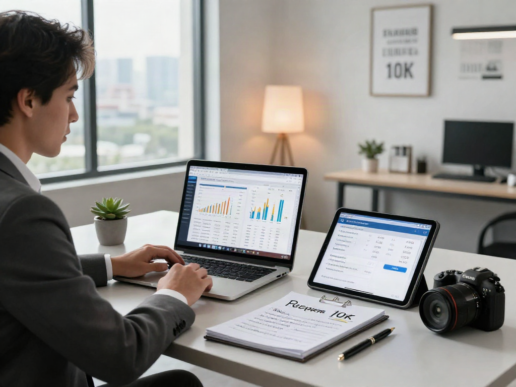 Financial consultant strategizing a deposit 10k investment in modern office.
