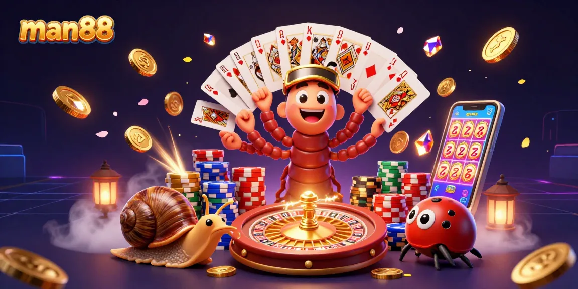 Experience the excitement of man88 with a lively casino scene featuring a whimsical millipede dealer and vibrant game elements.