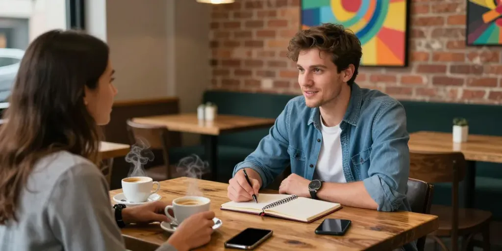 Young man confidently engaging in conversation at a coffee shop, demonstrating ways to Avoid the friendzone.