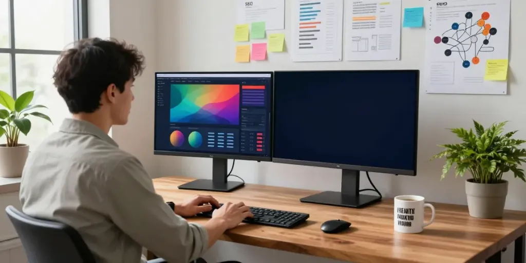 Expert analyzing SEO tools for instant indexing in a modern tech workspace.