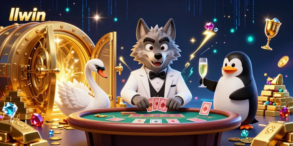 Engage in thrilling gaming at LLWIN with a dynamic baccarat scene featuring a stylish wolf, elegant swan, and sophisticated penguin.